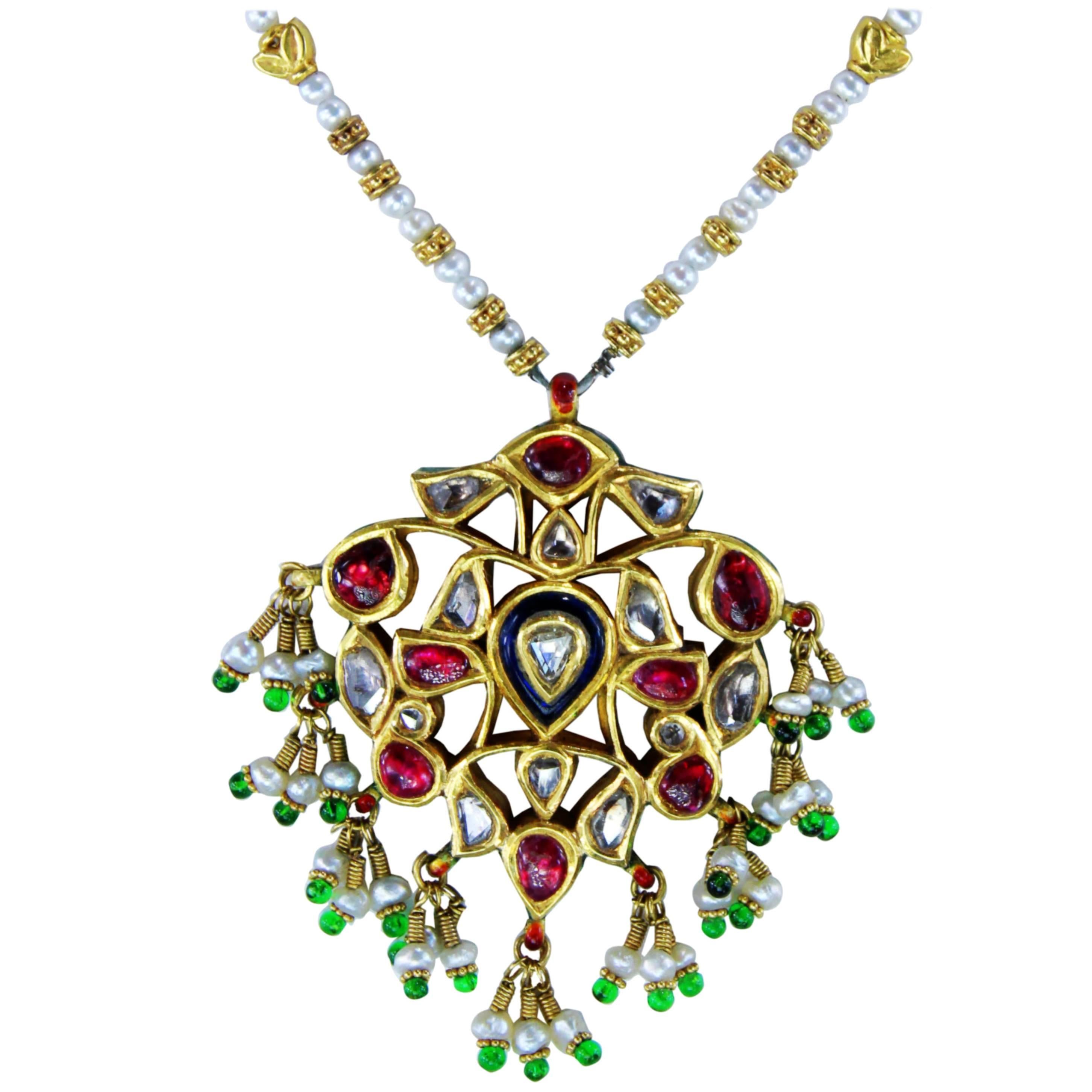 Reversible Enamel Seed Pearl Cut Diamond Gold Indian Necklace For Sale