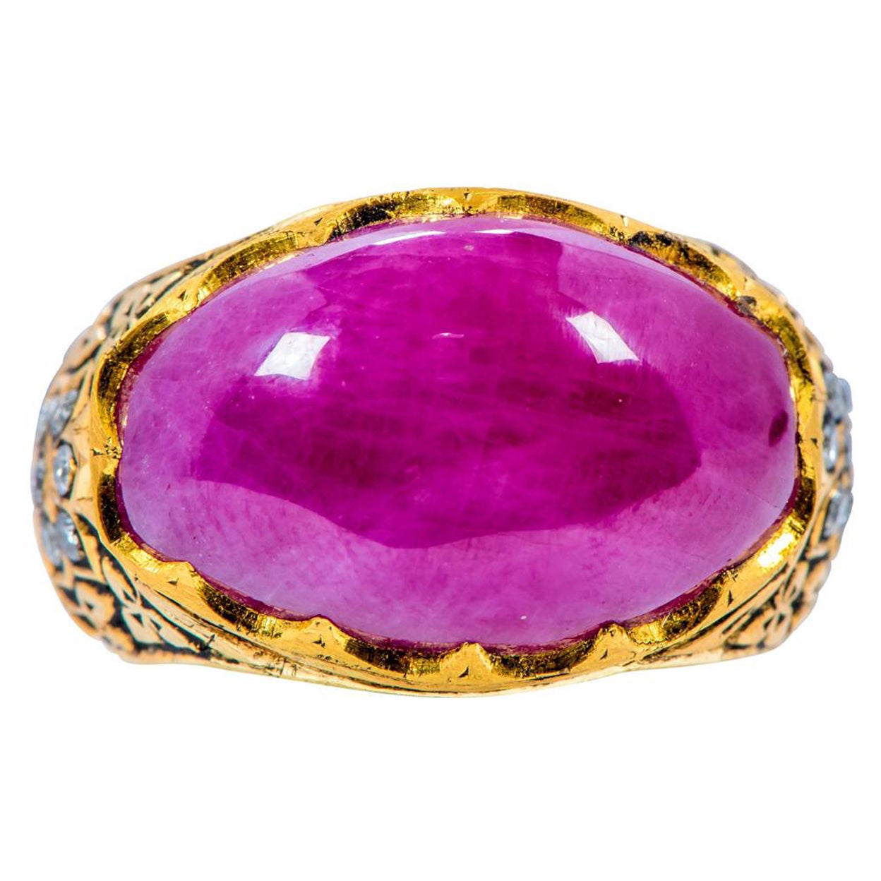 22 Karat Yellow Gold 14.85 Carat Cabochon Ruby and Diamond Ring For Sale