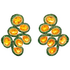 Rosior Einzigartige Feueropal- und Tsavorit-Tropfen-Ohrringe aus Gelbgold