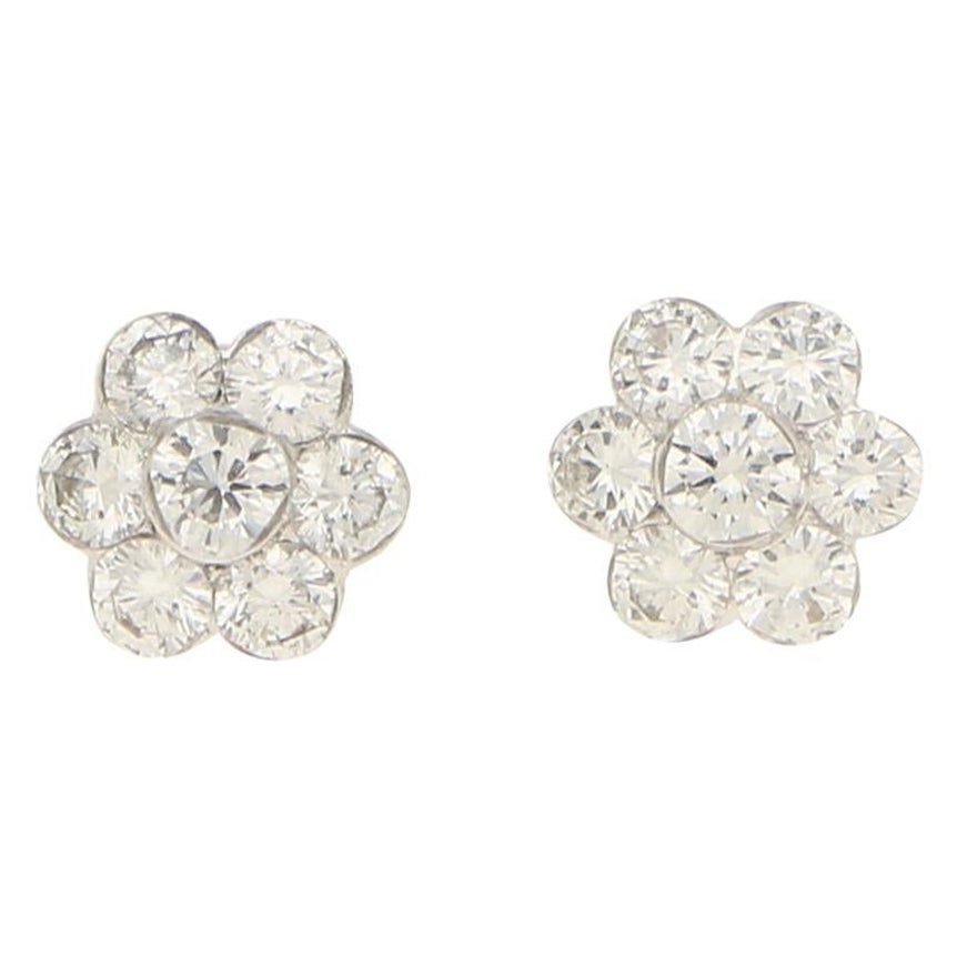 Floral Diamond Stud Earrings in 18 Karat White Gold