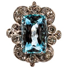 Art Deco Style White European Cut Diamond Aquamarine White Gold Cocktail Ring