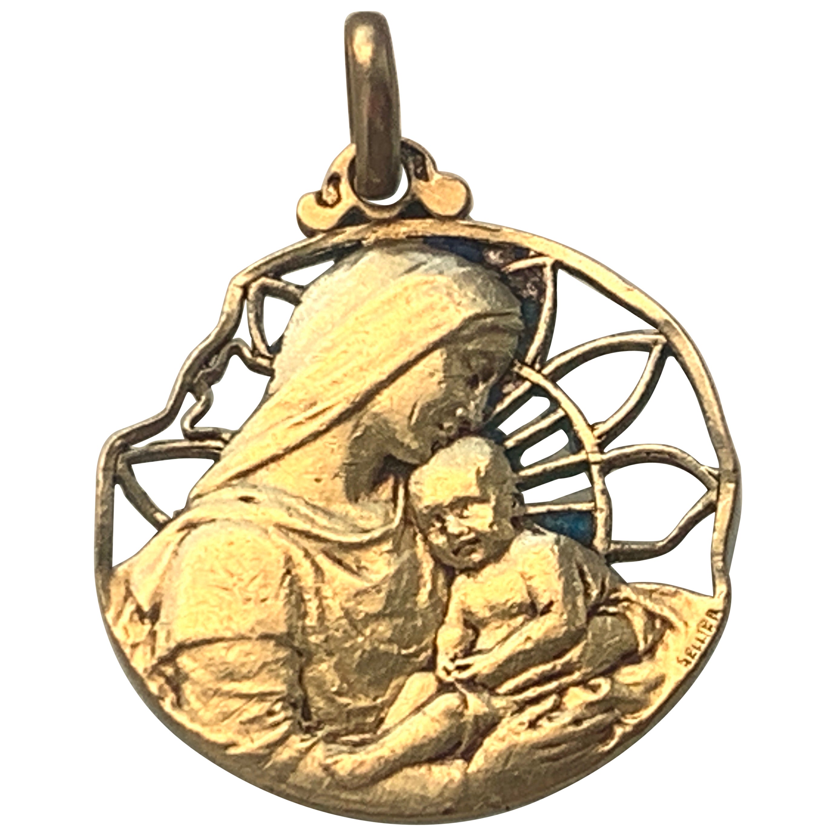 Antique 18ct Gold French Pendant by Selllier For Sale