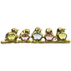 Birds Perched on a Branch Gem Stones Diamond Gold Brooch Pin