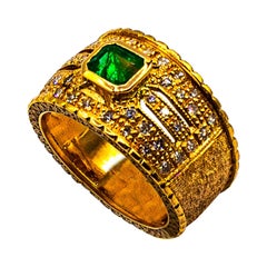Art Deco Style Emerald Cut Emerald White Diamond Yellow Gold Cocktail Ring