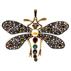 Art Nouveau White Diamond Ruby Emerald Sapphire Yellow Gold "Butterfly" Pendant