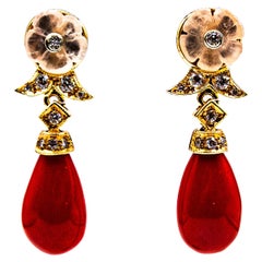 Retro Art Deco Style Mediterranean Red Coral White Diamond Yellow Gold Stud Earrings