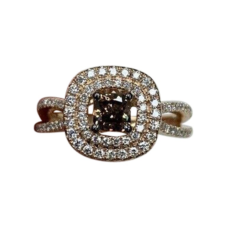 LeVian 14K Yellow Gold Round Chocolate Brown Diamond Bridal Wedding Halo Ring For Sale
