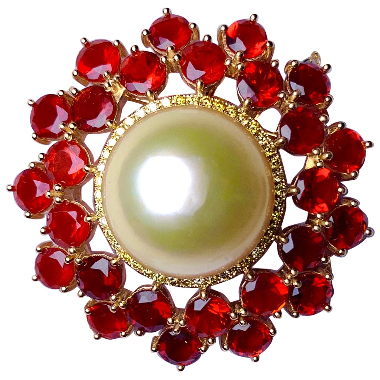 Eostre Fire Opal, South Sea Pearl and Yellow Diamond Pendant Brooch in 18K Gold