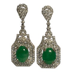 Elegant 9.83 Carat 18 Karat White Gold Art Deco Style Jade and Diamond Earrings