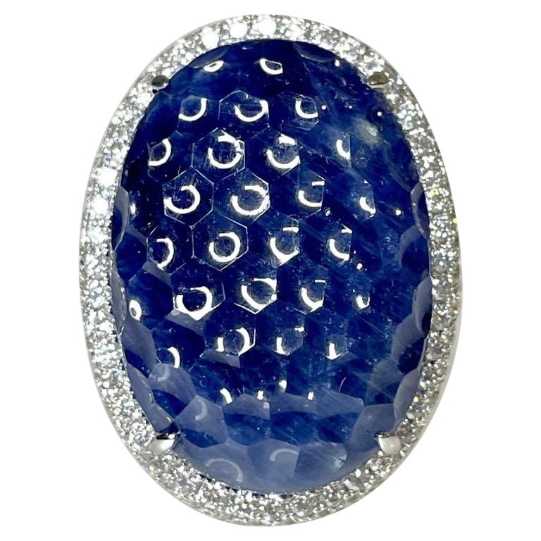 18k White Gold Oval Cut Blue Sapphire Diamond Ring