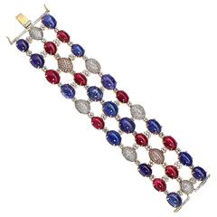 Wide Blue and Pink Cabochon Sapphire Diamond Gold Bracelet 
