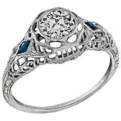 Antique GIA Cert 0.63 Carat Diamond Sapphire Gold Engagement Ring
