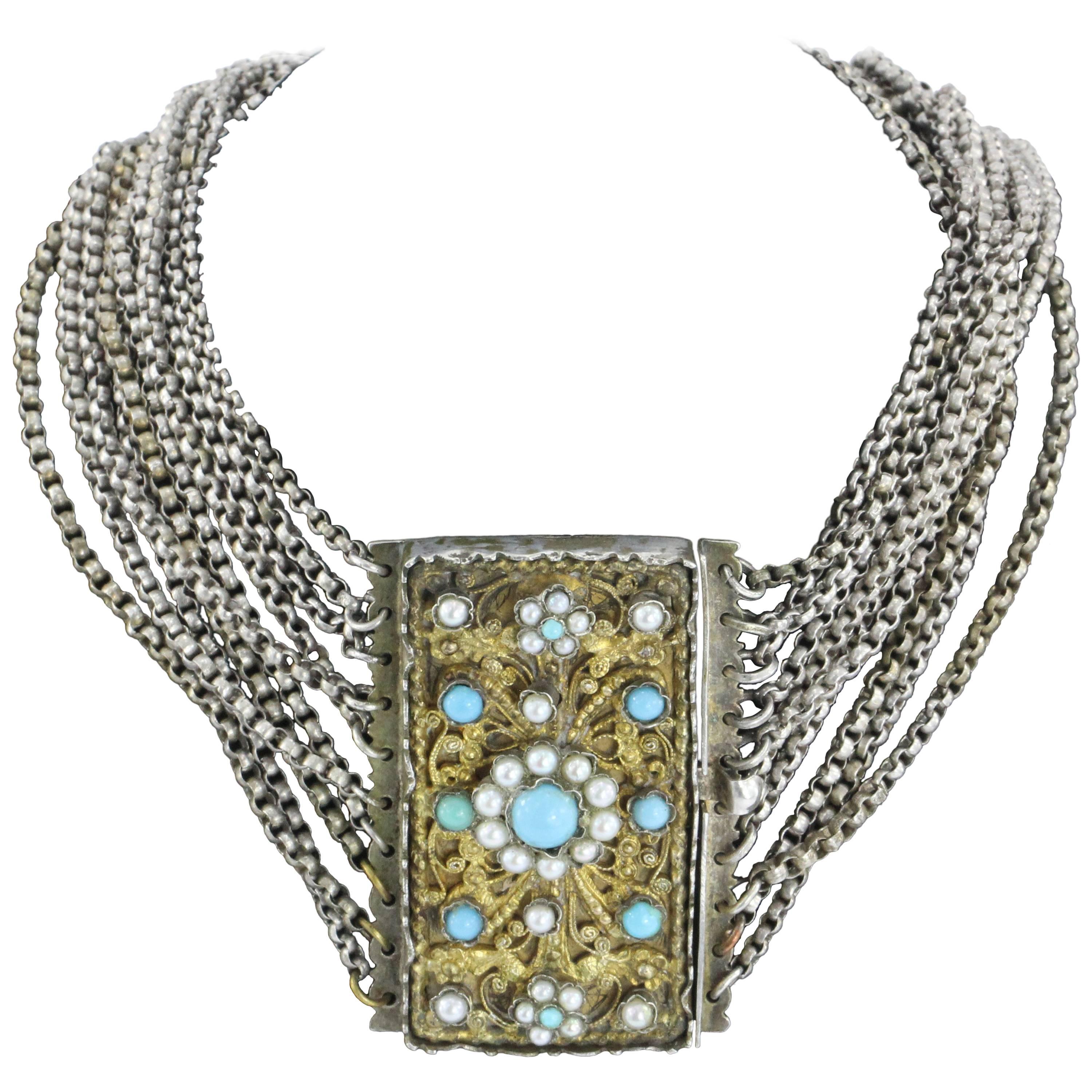  1840s Austrian Hungarian 13 Loth Silver Turquoise & Pearl Gilt Necklace