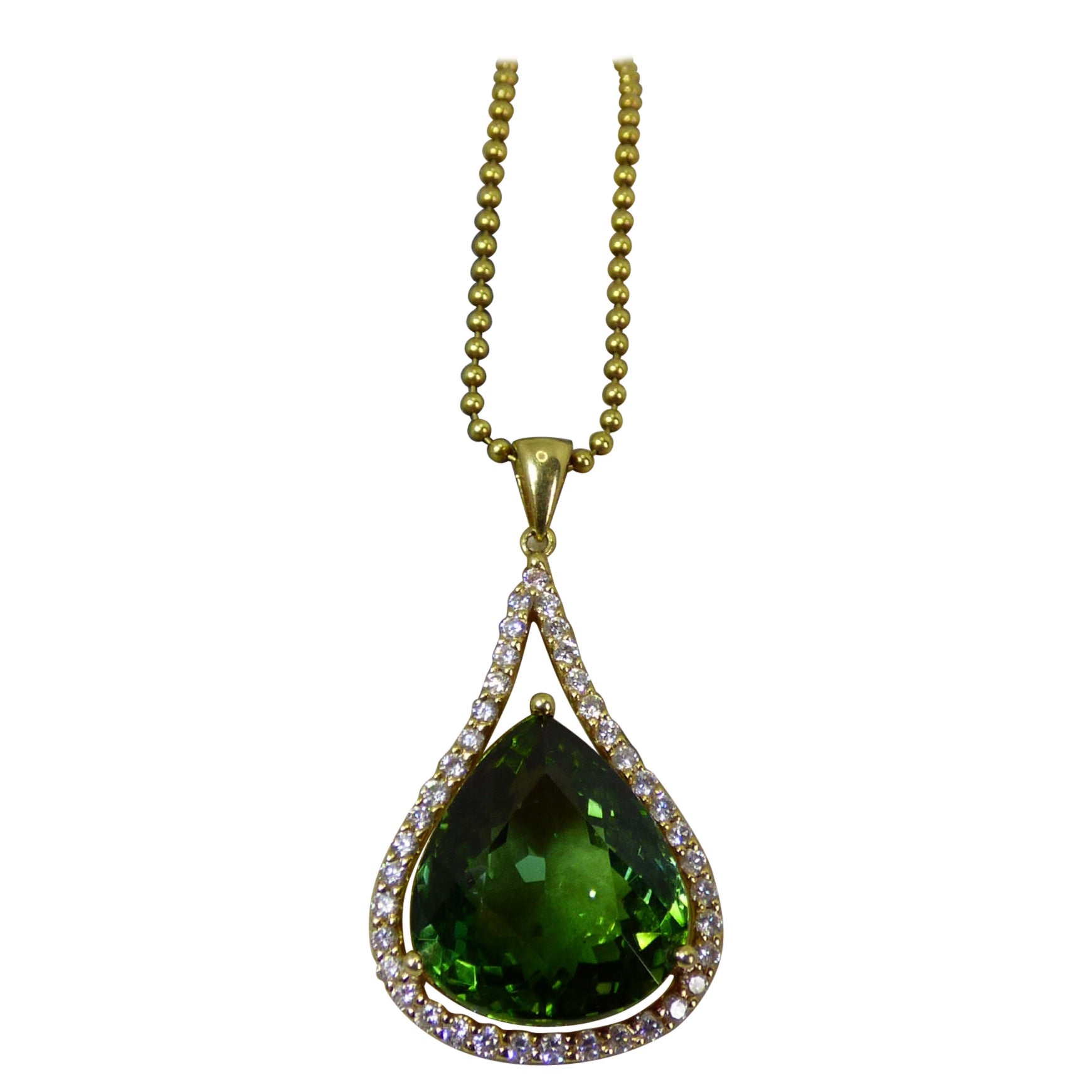 Green Tourmaline (17.82ct.) and Diamond Pendant in 18ct. Yellow Gold For Sale