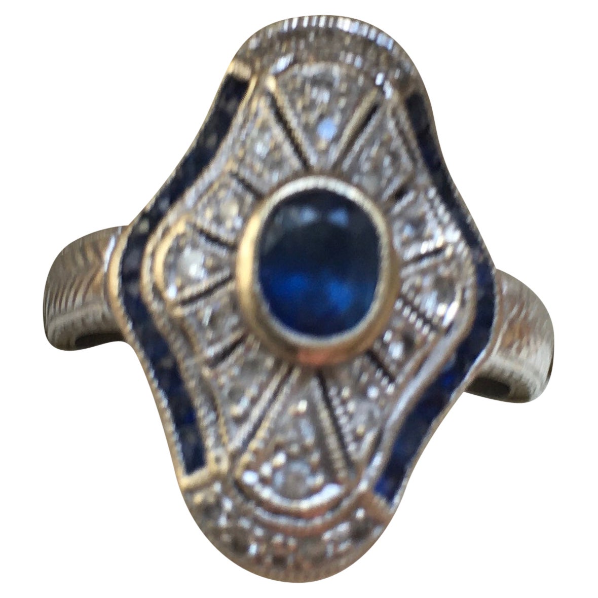 Art Deco style 18 ct white gold sapphire and diamond panel ring For Sale