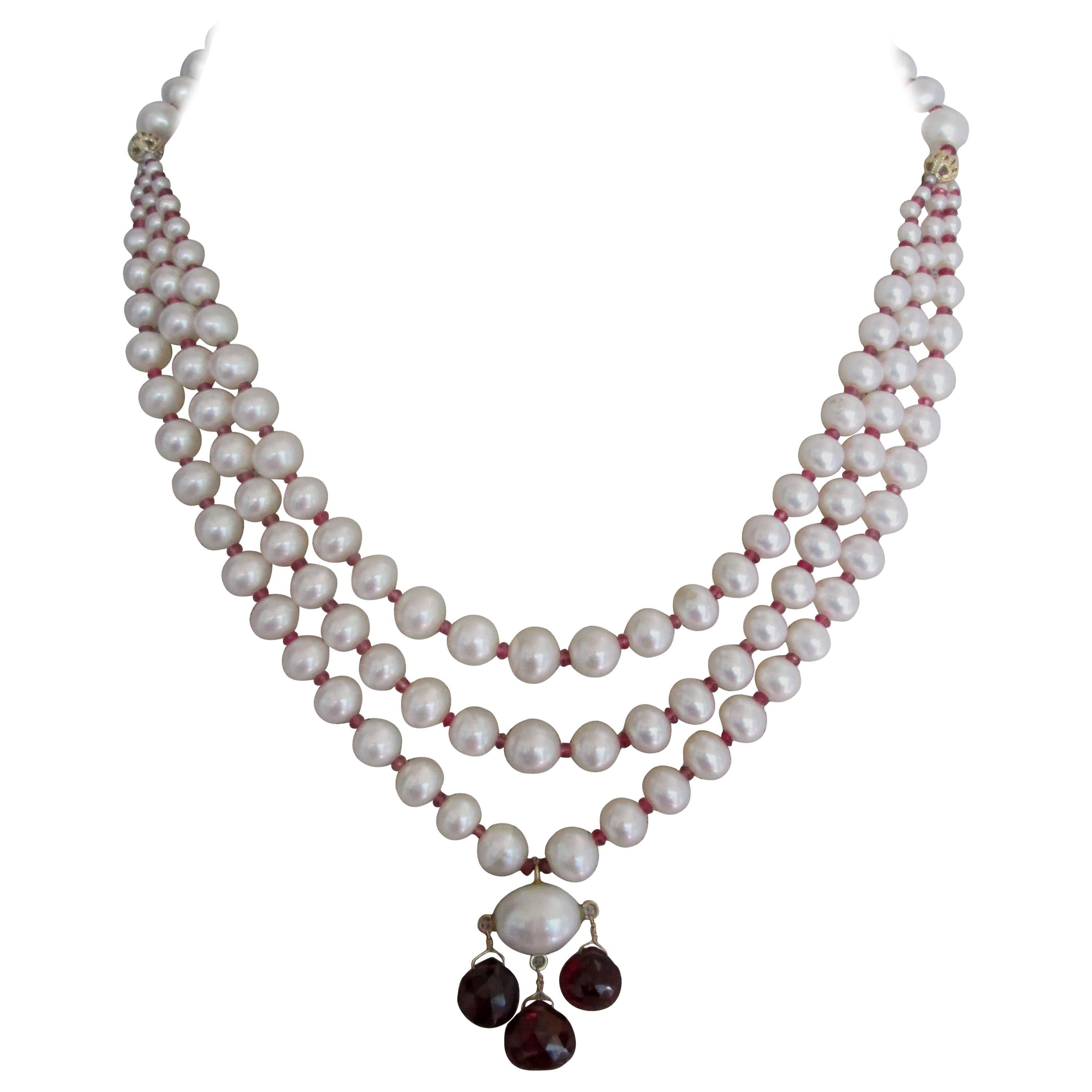 Marina J. 3 Strands of Graduated Pearl Necklace with Garnet & 14k Yellow Gold