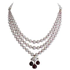 Pearl and Garnet Three Strand Bridal Necklace 1