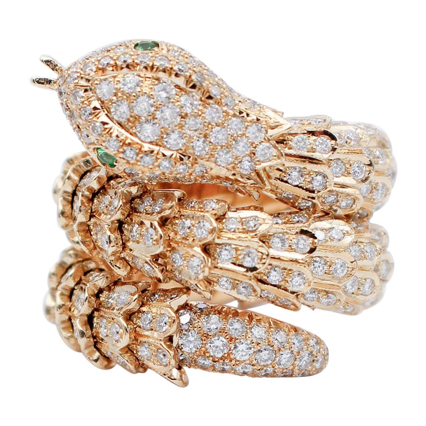 Tsavorites, Diamonds, 18 Karat Yellow Gold Snake Shape Ring For Sale