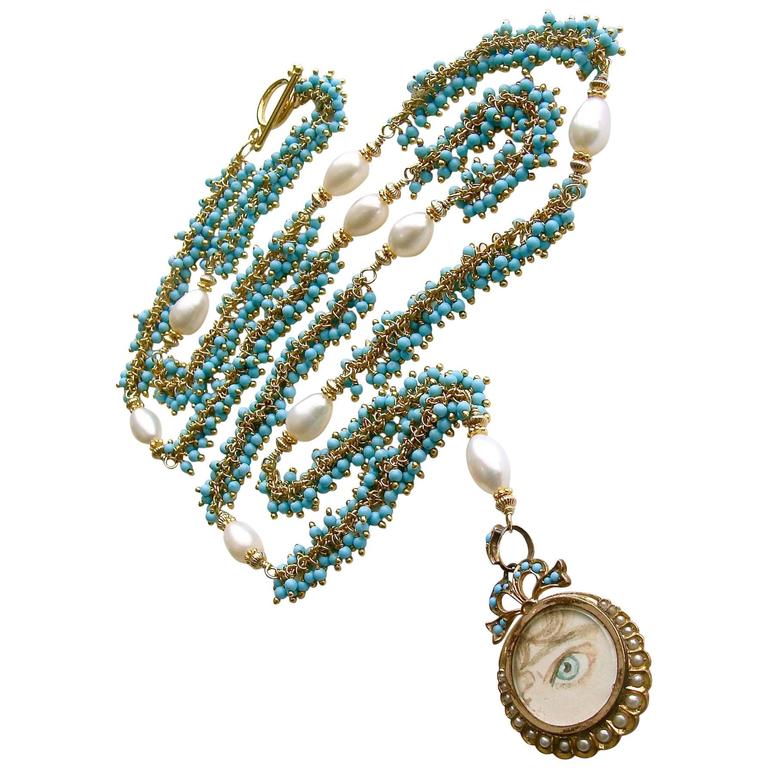 Lover’s Eye Victorian Locket Turquoise Pearls Gold Necklace For Sale at
