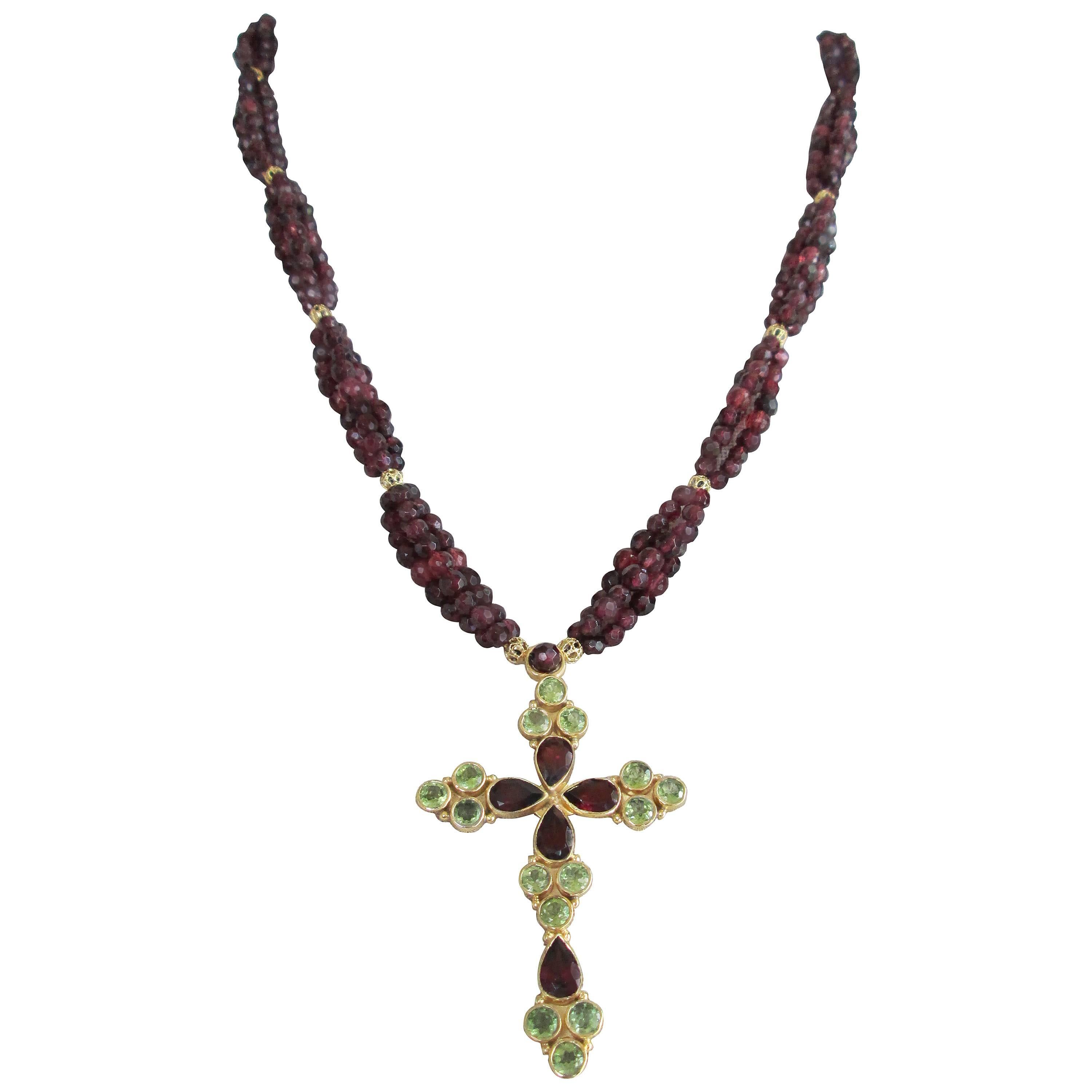Faceted Garnet Bead Necklace with Peridot and Garnet Gold-Plated Silver Cross