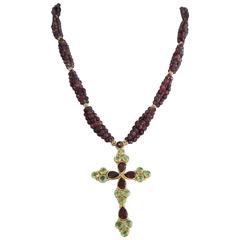 Faceted Garnet Bead Necklace with Peridot and Garnet Gold-Plated Silver Cross
