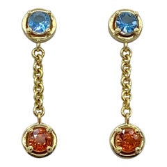 Pendants d'oreilles italiens en or jaune 18 carats avec saphir orange et aigue-marine