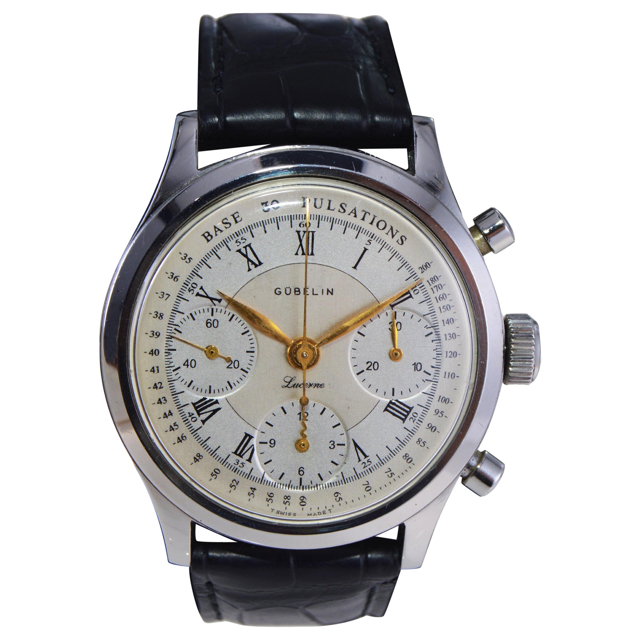 Gubelin Stainless Steel Valjoux 72 Chronograph Doctors Pulsation Watch, 1940s For Sale