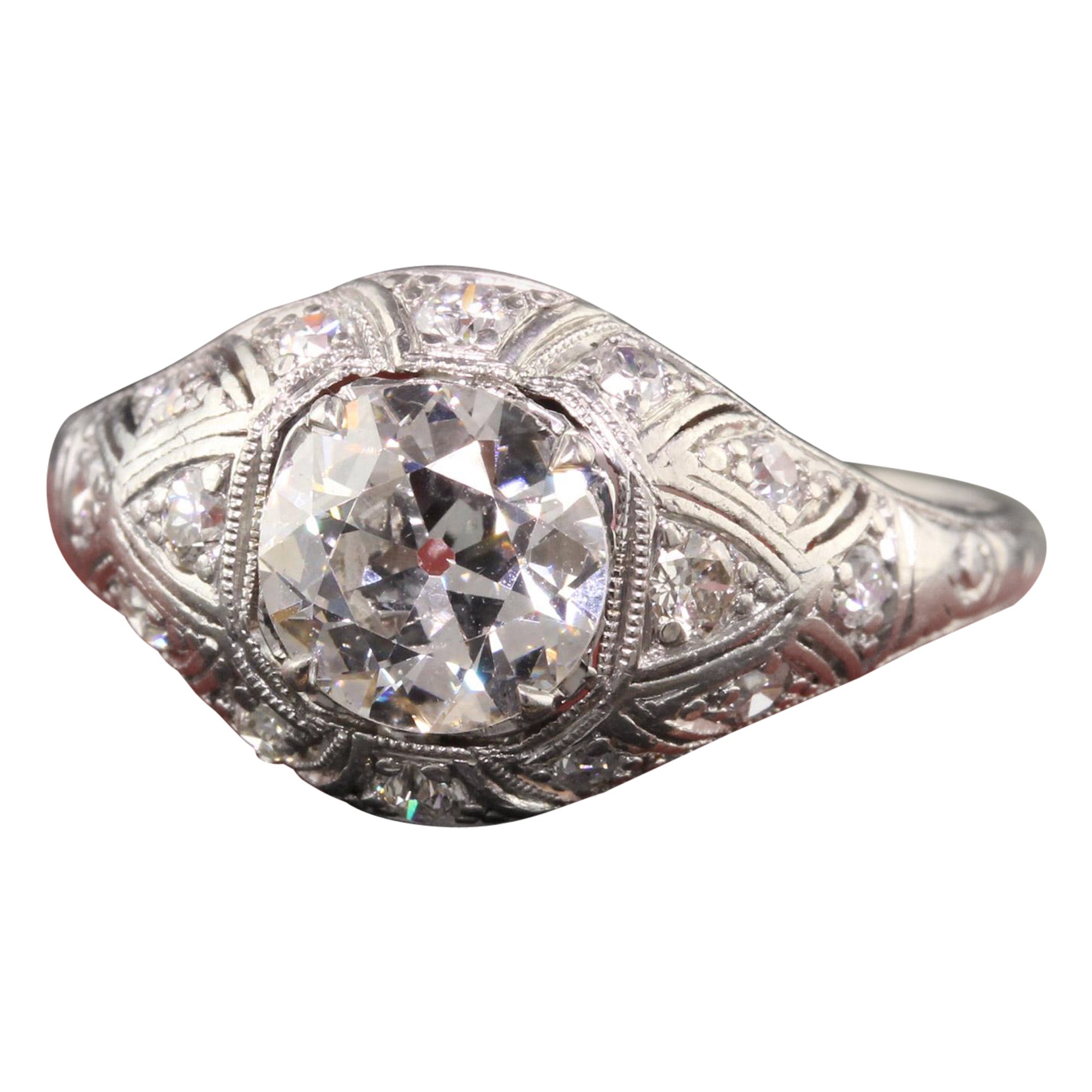 Antique Art Deco Platinum Old European Diamond Engagement Ring, GIA For Sale