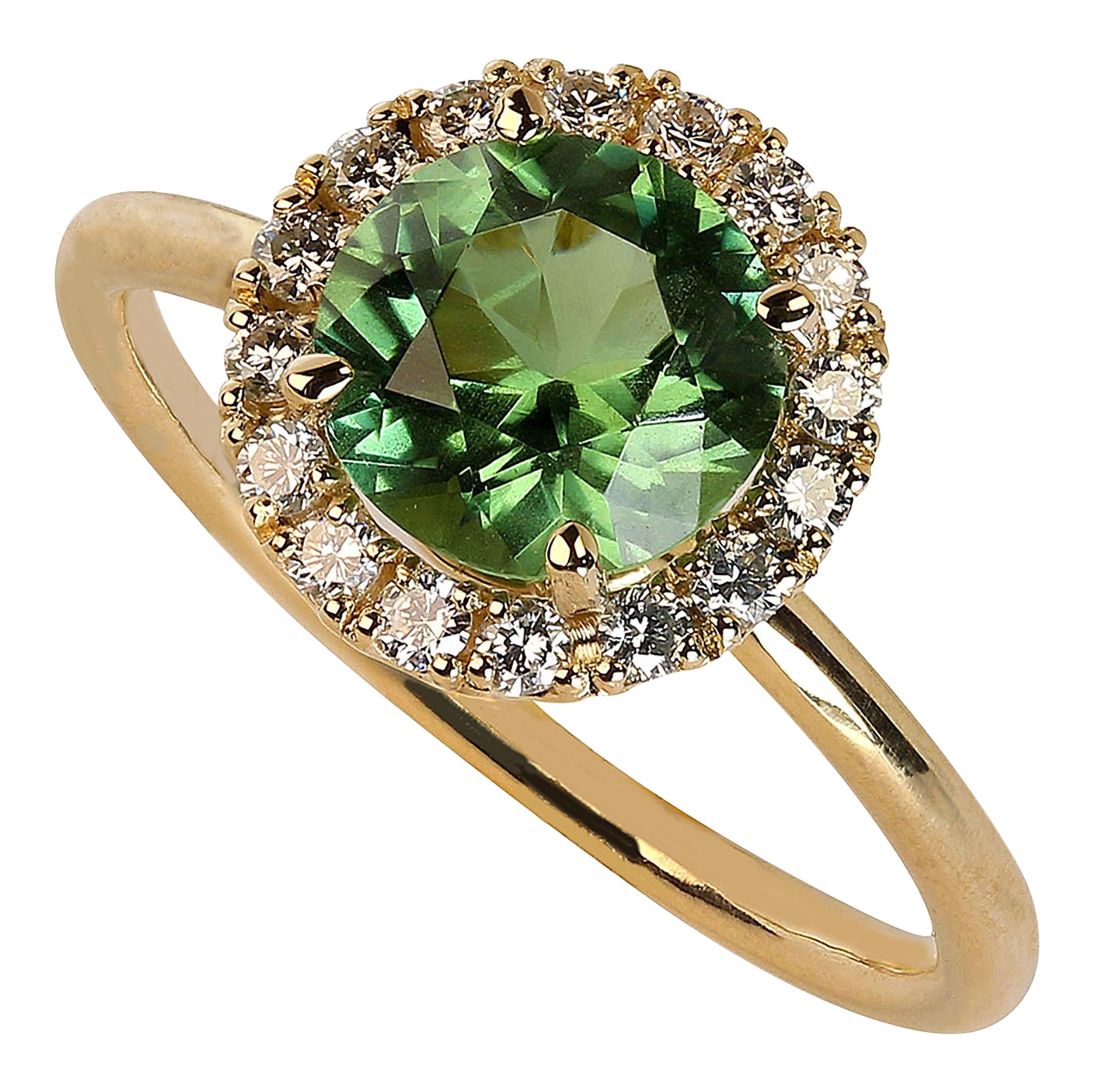 Artisan AJD Bague caractéristique en or jaune 14 carats avec tourmaline verte ronde et halo de diamants en vente