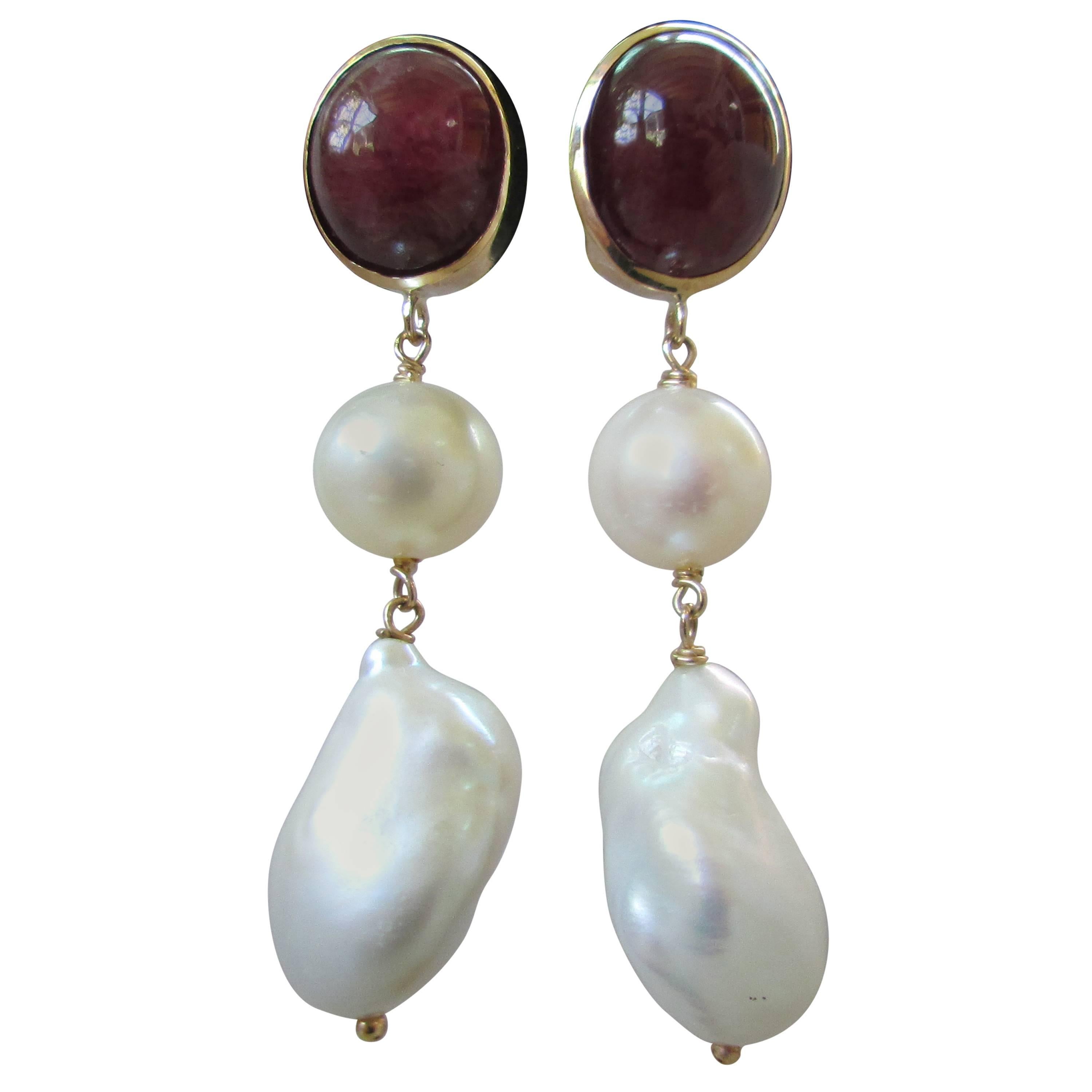 Ruby cabochon and Pearl dangle earrings