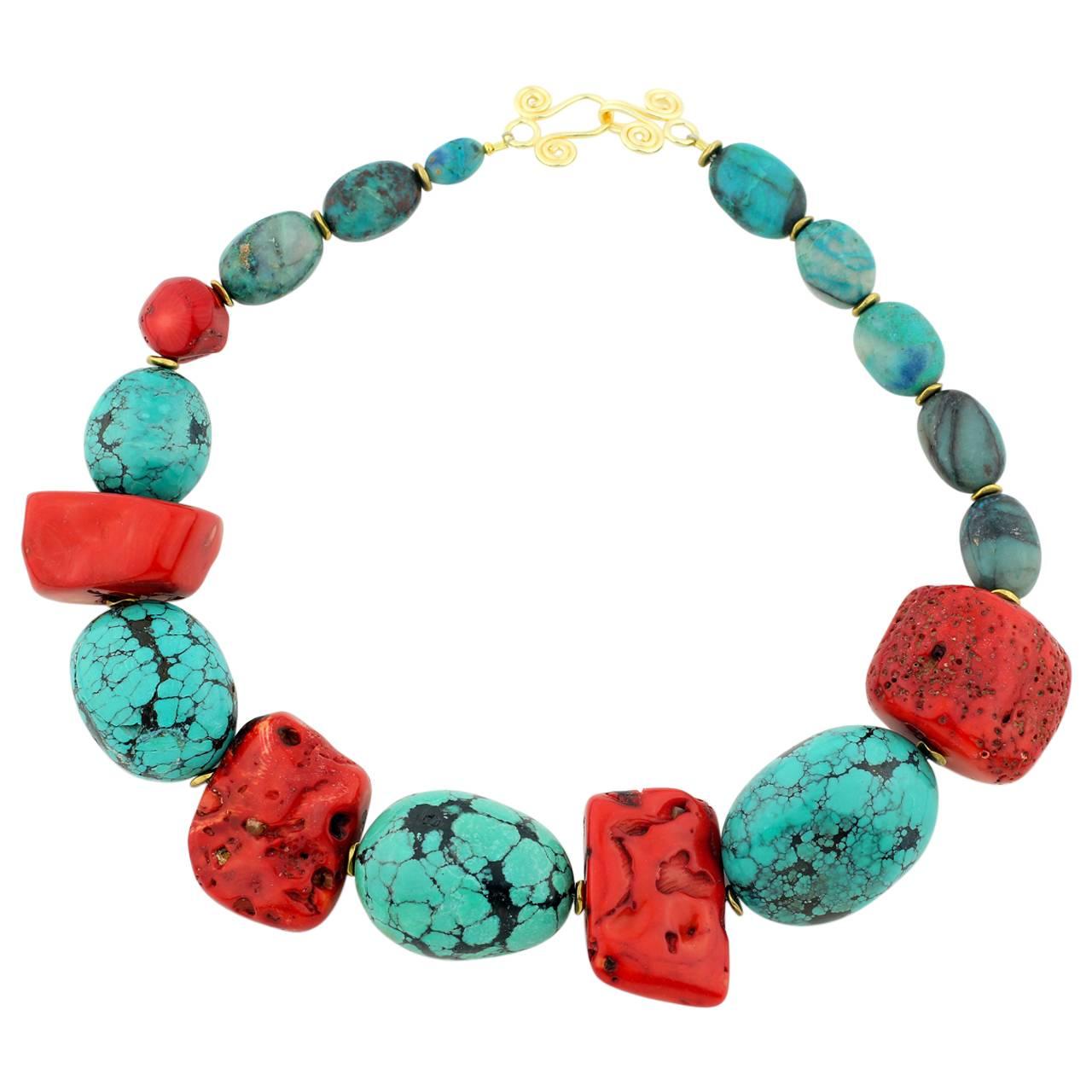 Single Strand Large Chunk Turquoise, Coral and Chrysocolla Necklace