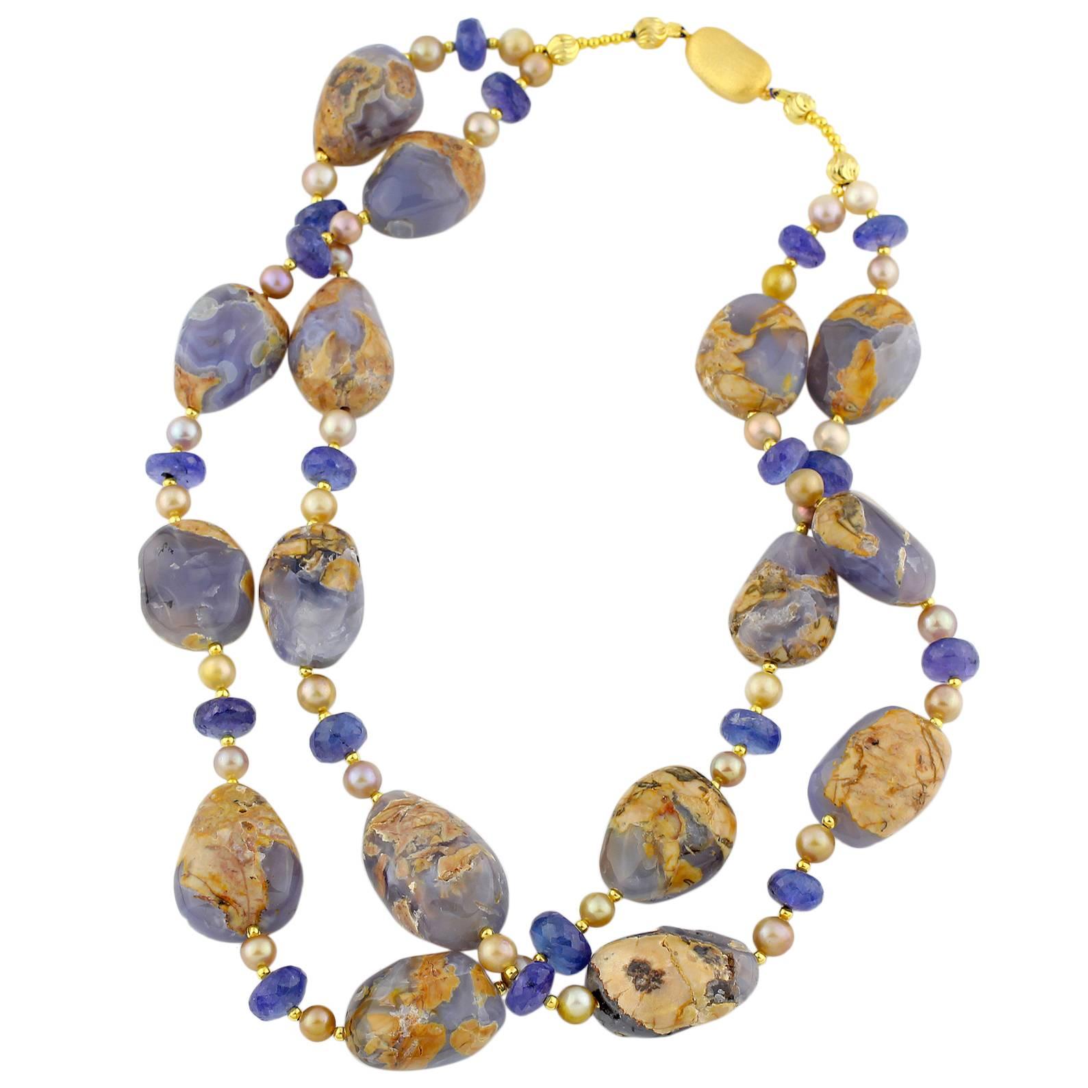 Chalcedony Tanzanites Gold Double Strand Necklace