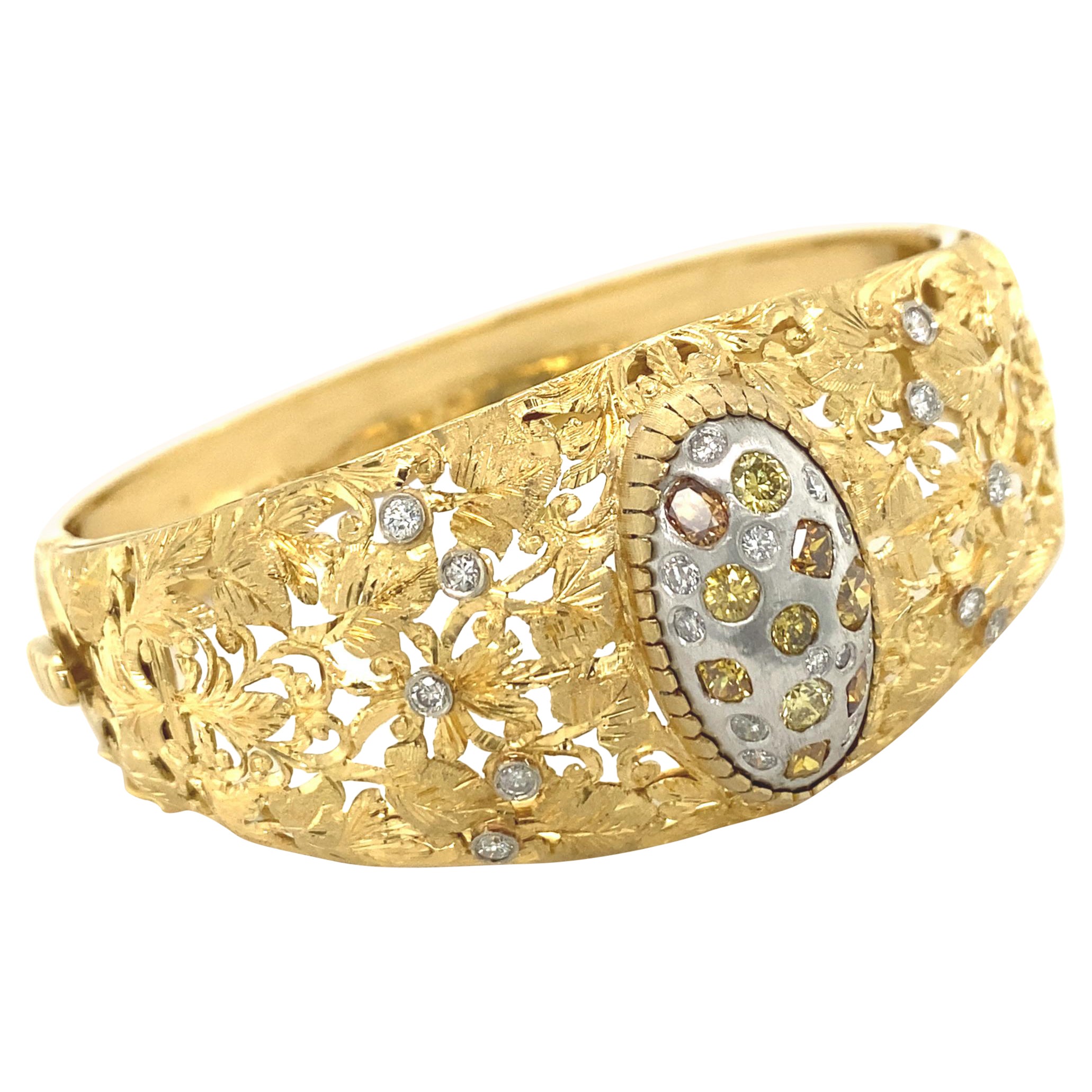 Openwork Foliate Cuff with 1.50 Carats of Diamonds in Yellow & White Gold For Sale