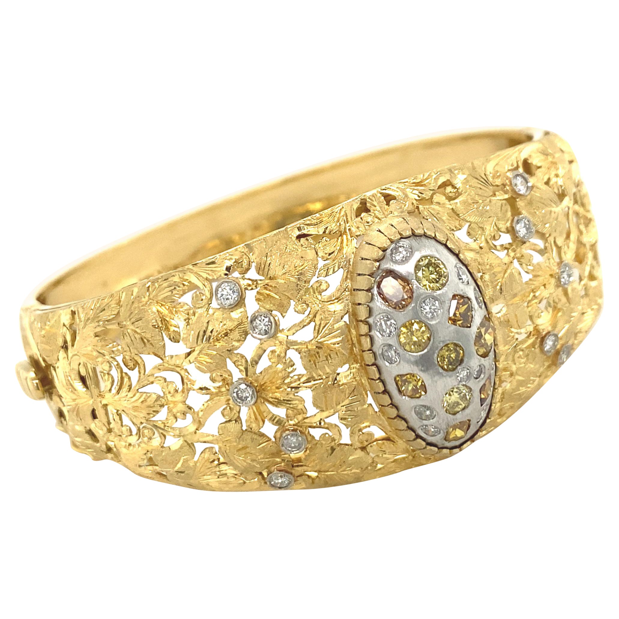 Openwork Foliate Cuff with 1.50 Carats of Diamonds in Yellow & White Gold