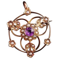 Antique Art Nouveau Amethyst and Pearl Pendant Brooch, Floral