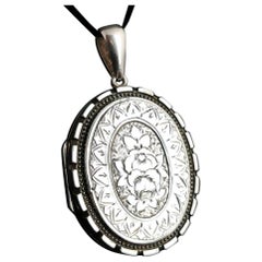 Victorian Silver Locket Pendant, Ivy and Floral Engraved