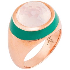 Sea of Roses Enamel Ring with Cabochon Rose Quartz in Rose Gold