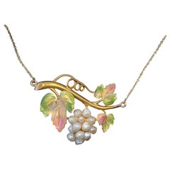 Art Nouveau Pearl Grape Cluster Vine Enamel Pendant Necklace Antique Gold