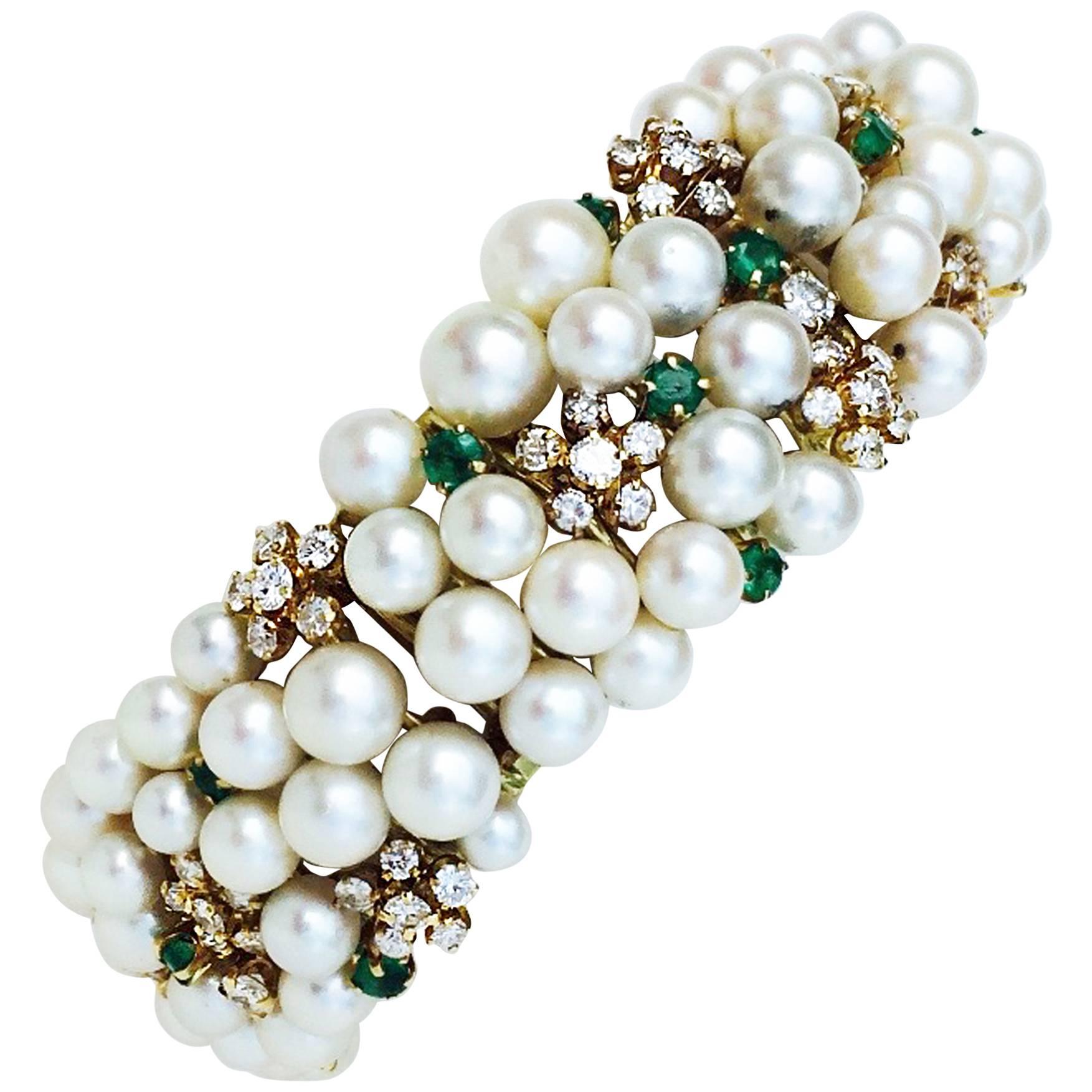 Mid-Century Pearl Emerald Diamond Gold Cuff Bracelet
