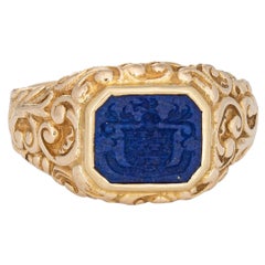 Retro Victorian Lapis Lazuli Crest Ring Intaglio Signet 14k Yellow Gold 8.25 