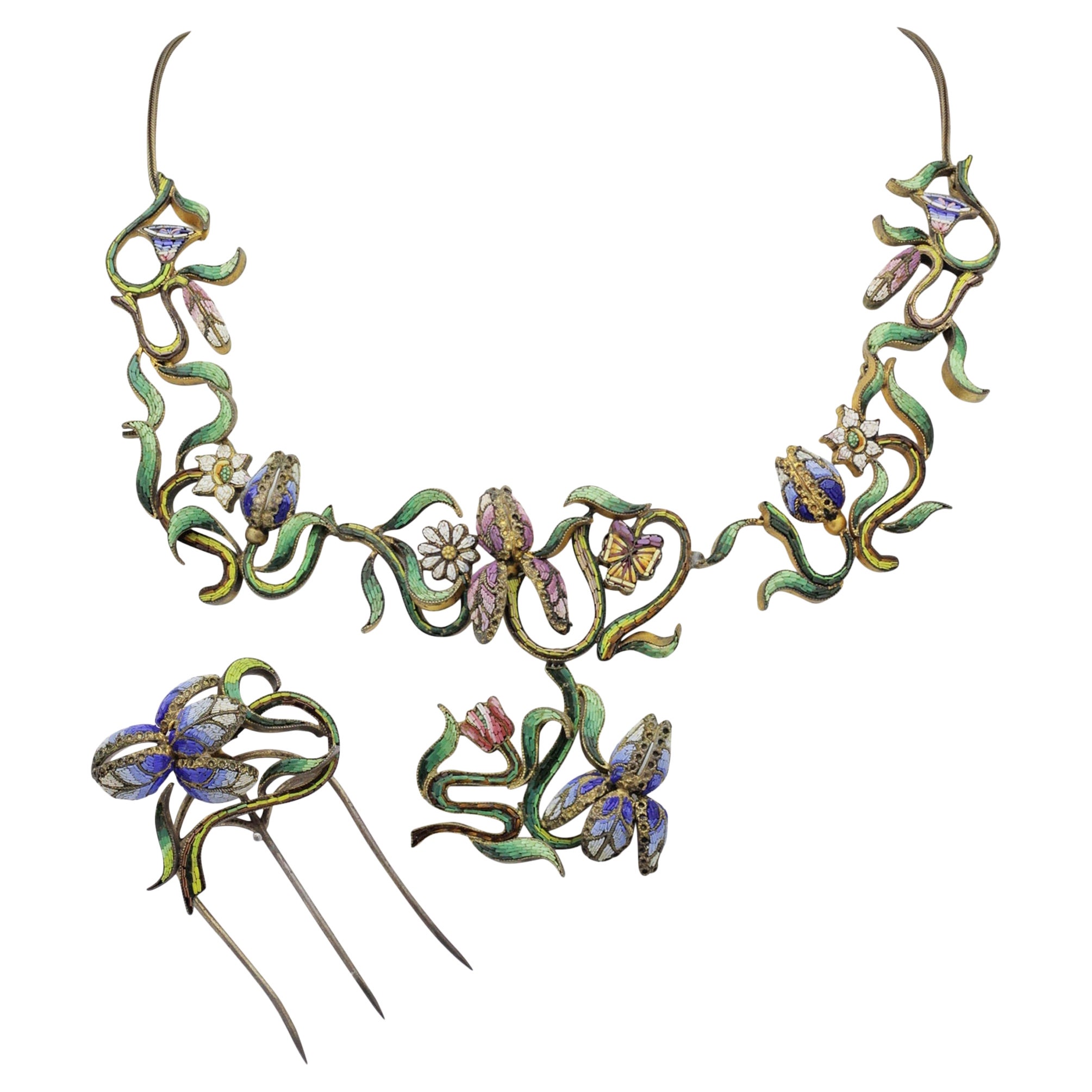 Exceptional, Italian Art Nouveau, Micro Mosaic Necklace & Hair Pin in Silver For Sale