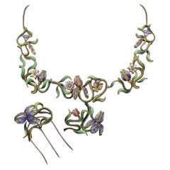 Exceptional, Italian Art Nouveau, Micro Mosaic Necklace & Hair Pin in Silver