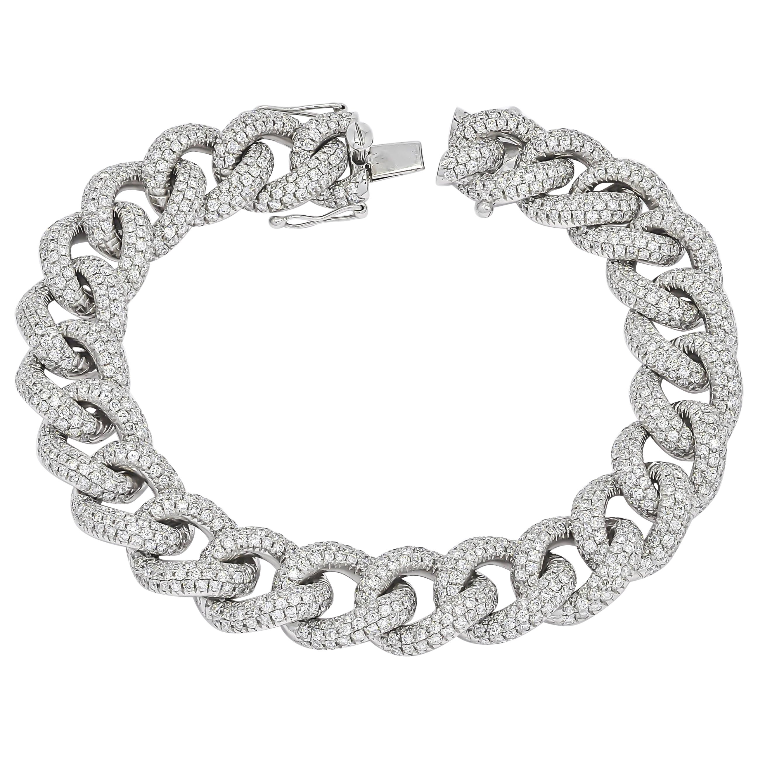 Bracelet tennis d'homme et femme cubain en or blanc 18 carats avec diamants naturels pavés et maillons courbes 