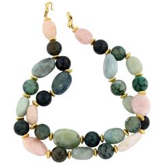 Double Strand Multi-Color Polished Beryls and Spider Web Jasper Necklace