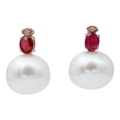 Rubies, Diamonds, Pearls, 14 Karat Rose Gold Stud Earrings