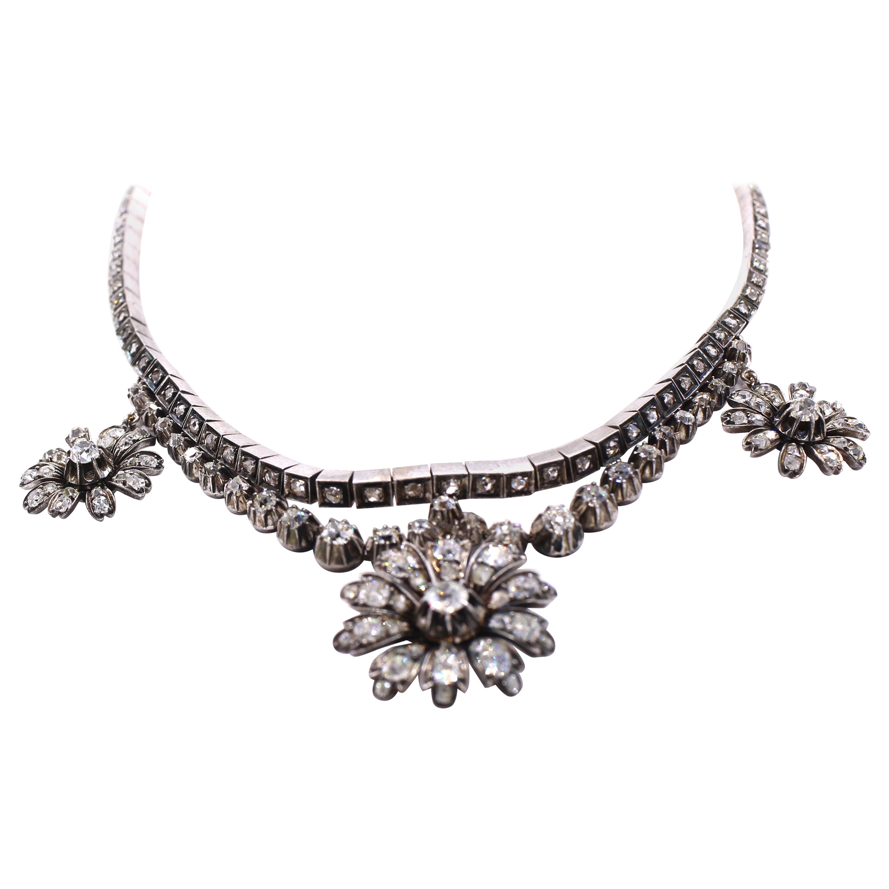 Antike viktorianische Diamant-Halskette aus Altminenschliff mit Diamant im Rosenschliff im Angebot