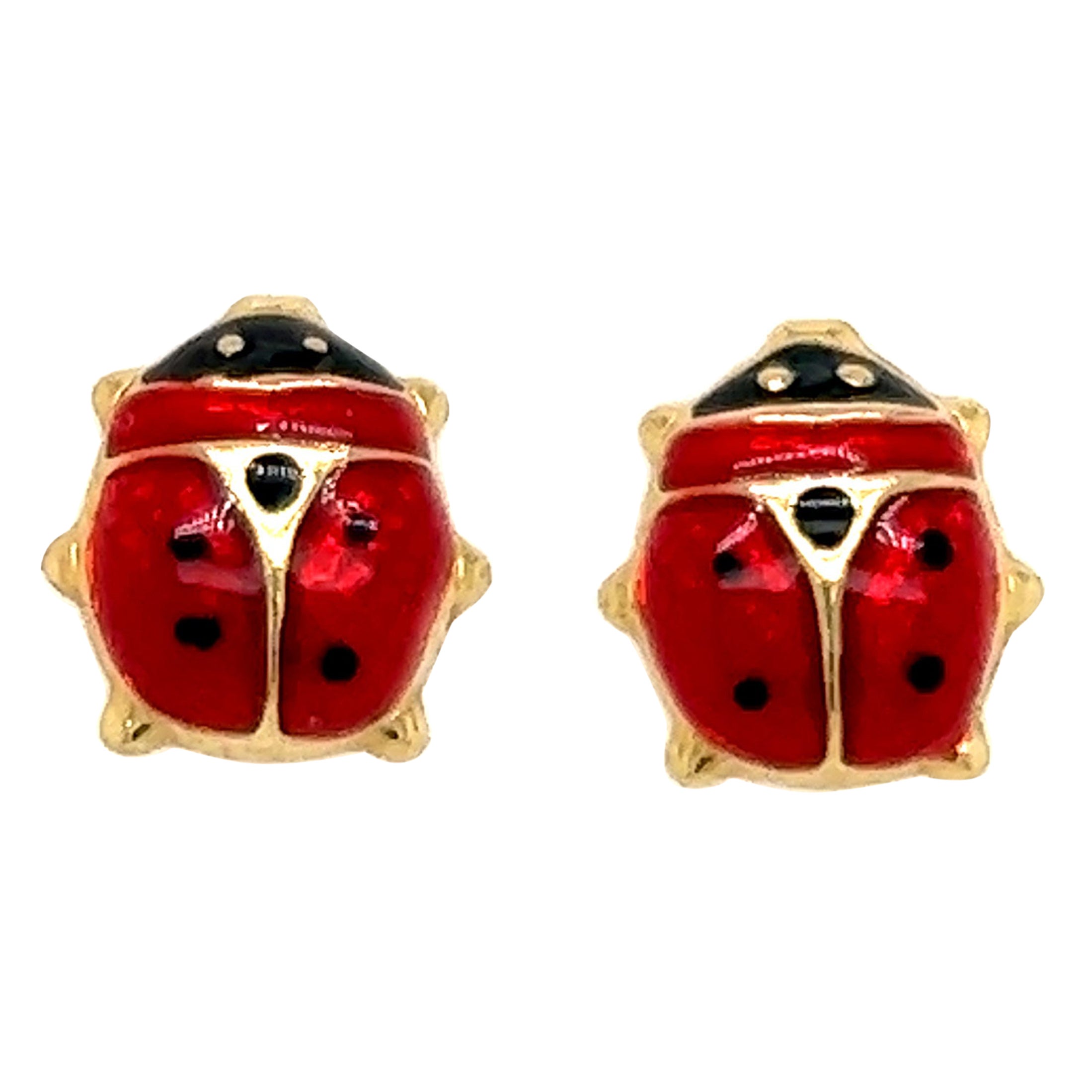 Italian Made Enamel Lady Bug Stud Earrings 14k For Sale