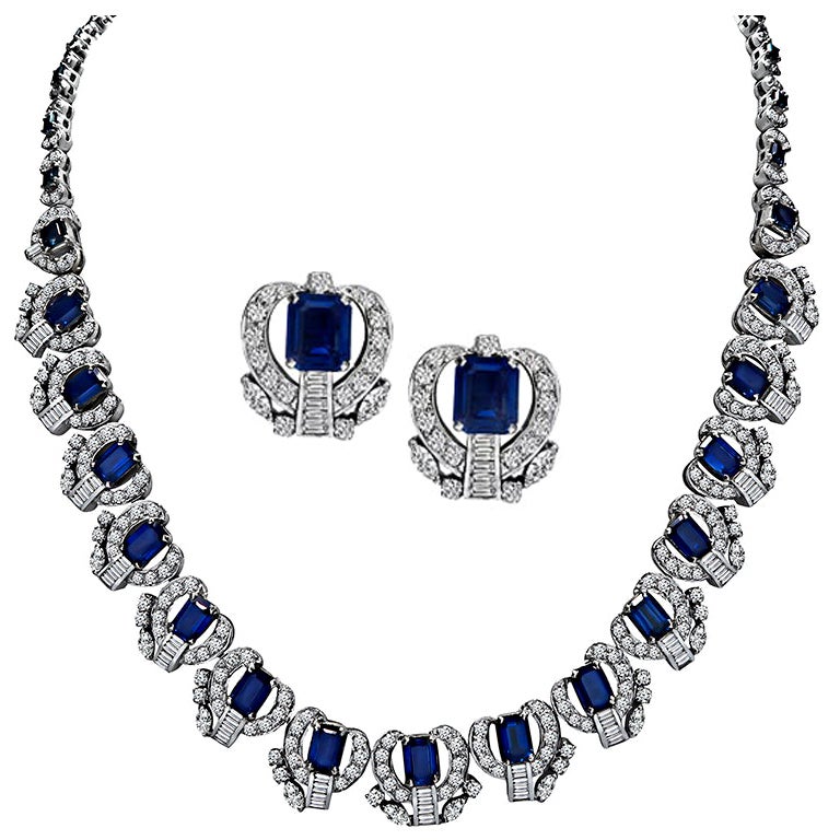 10.00ct Diamond 20.00ct Sapphire Necklace and Earrings Set For Sale at
