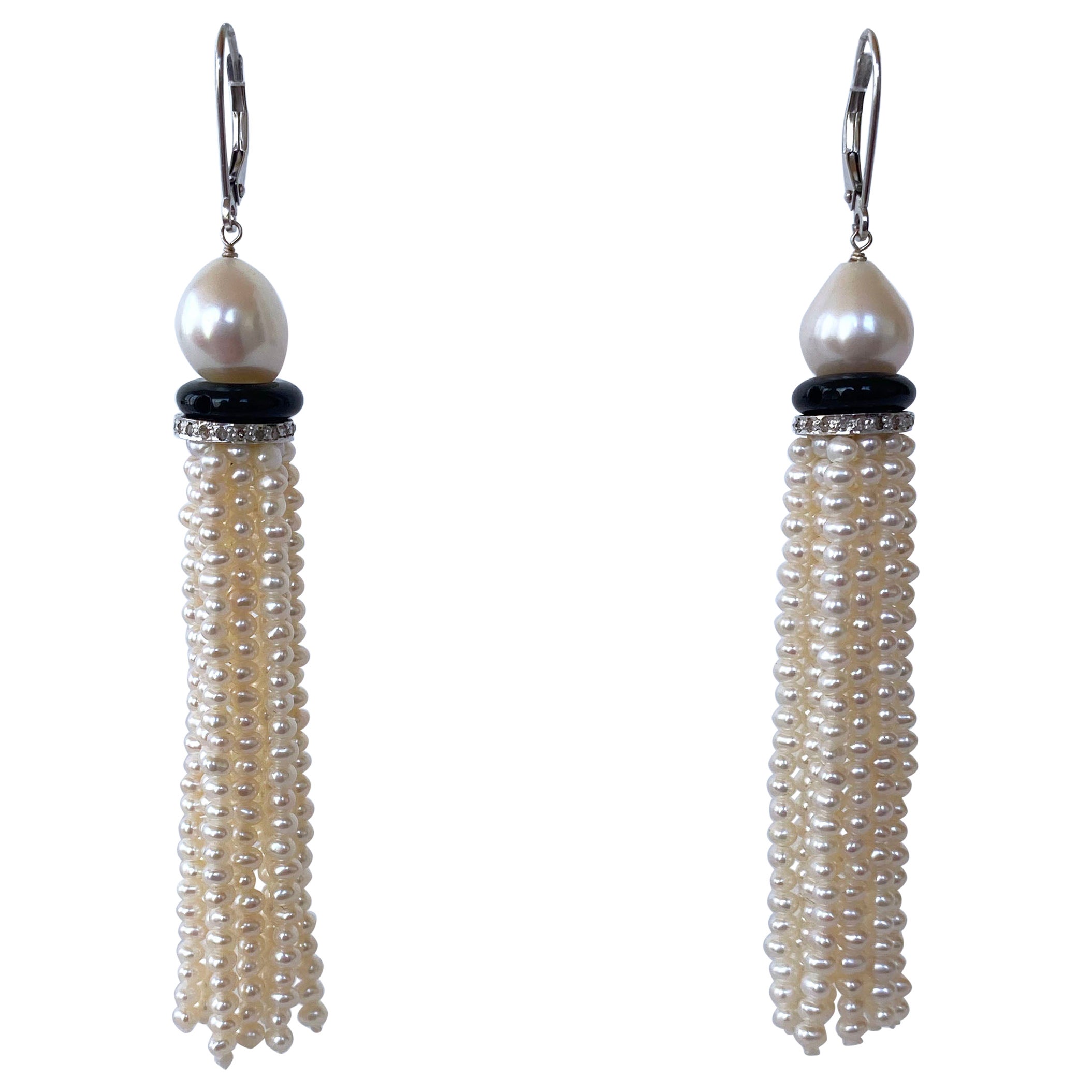 Marina J. Coral Tassel Earrings with Black Onyx and Pearl and 14k White