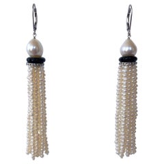 Marina J. Pearl Tassel Earrings with Onyx and Diamond Encrusted 14k White Gold